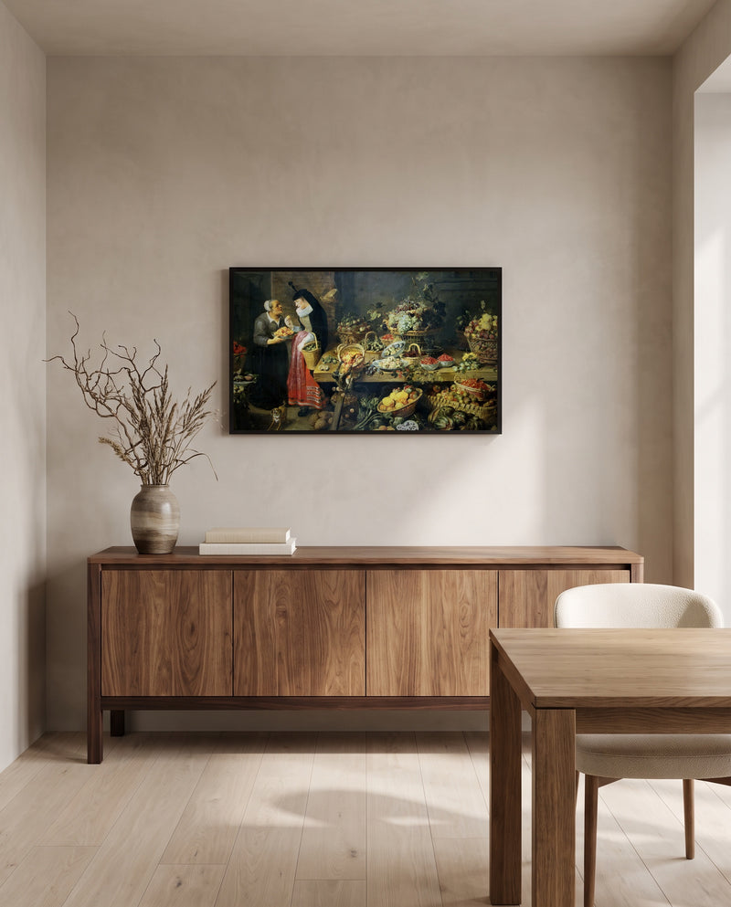 The Fruit Shop by Frans Snyders in a black frame above a walnut sideboard in a dining room