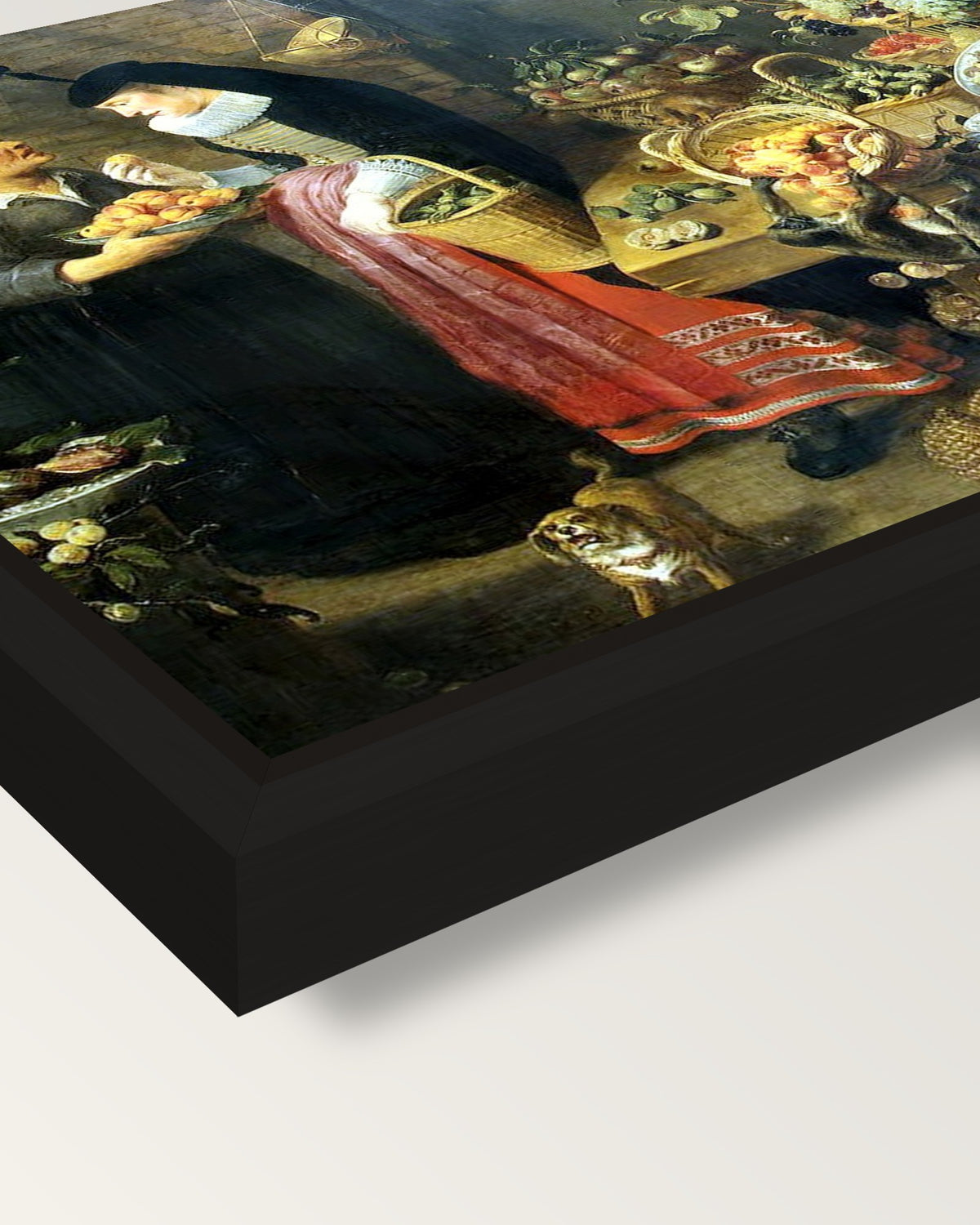 The Fruit Shop by Frans Snyders framed canvas, corner close-up: a black floating frame with a shadow gap round the canvas