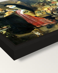 The Fruit Shop by Frans Snyders framed canvas, corner close-up: a black floating frame with a shadow gap round the canvas