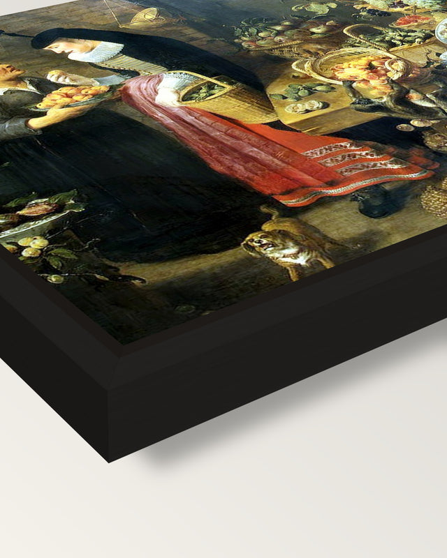 The Fruit Shop by Frans Snyders framed canvas, corner close-up: a black floating frame with a shadow gap round the canvas