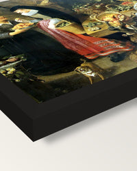 The Fruit Shop by Frans Snyders framed print, corner close-up: black moulding, mitred, the print set just below its edge