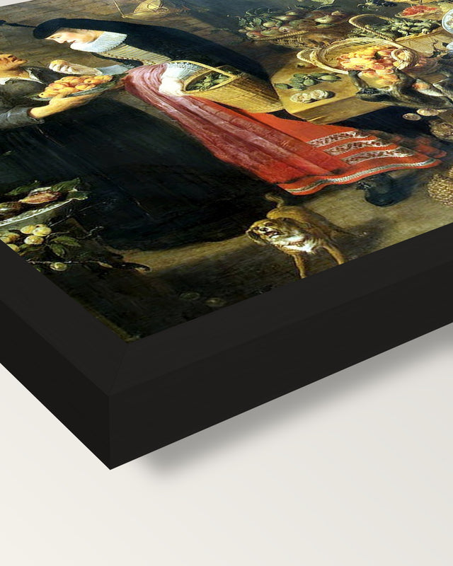 The Fruit Shop by Frans Snyders framed print, corner close-up: black moulding, mitred, the print set just below its edge