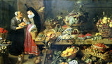 The Fruit Shop by Frans Snyders: a long market stall heaped with grapes, peaches and melons, a fruit seller and a customer