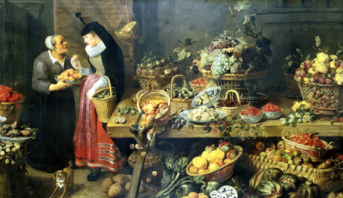The Fruit Shop by Frans Snyders: a long market stall heaped with grapes, peaches and melons, a fruit seller and a customer