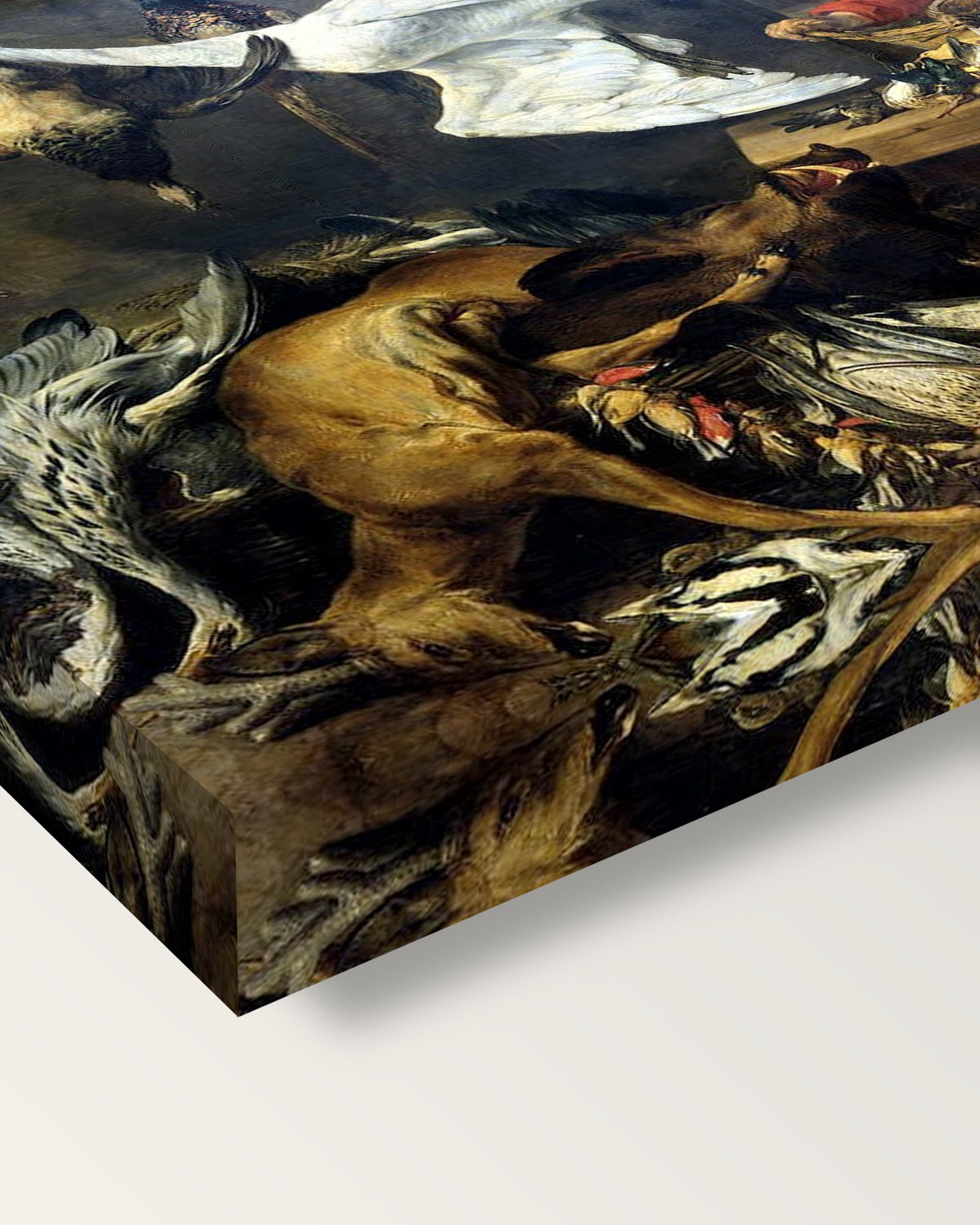 The Game Shop by Frans Snyders on stretched canvas, corner close-up: the painting mirror-wrapped round the sides
