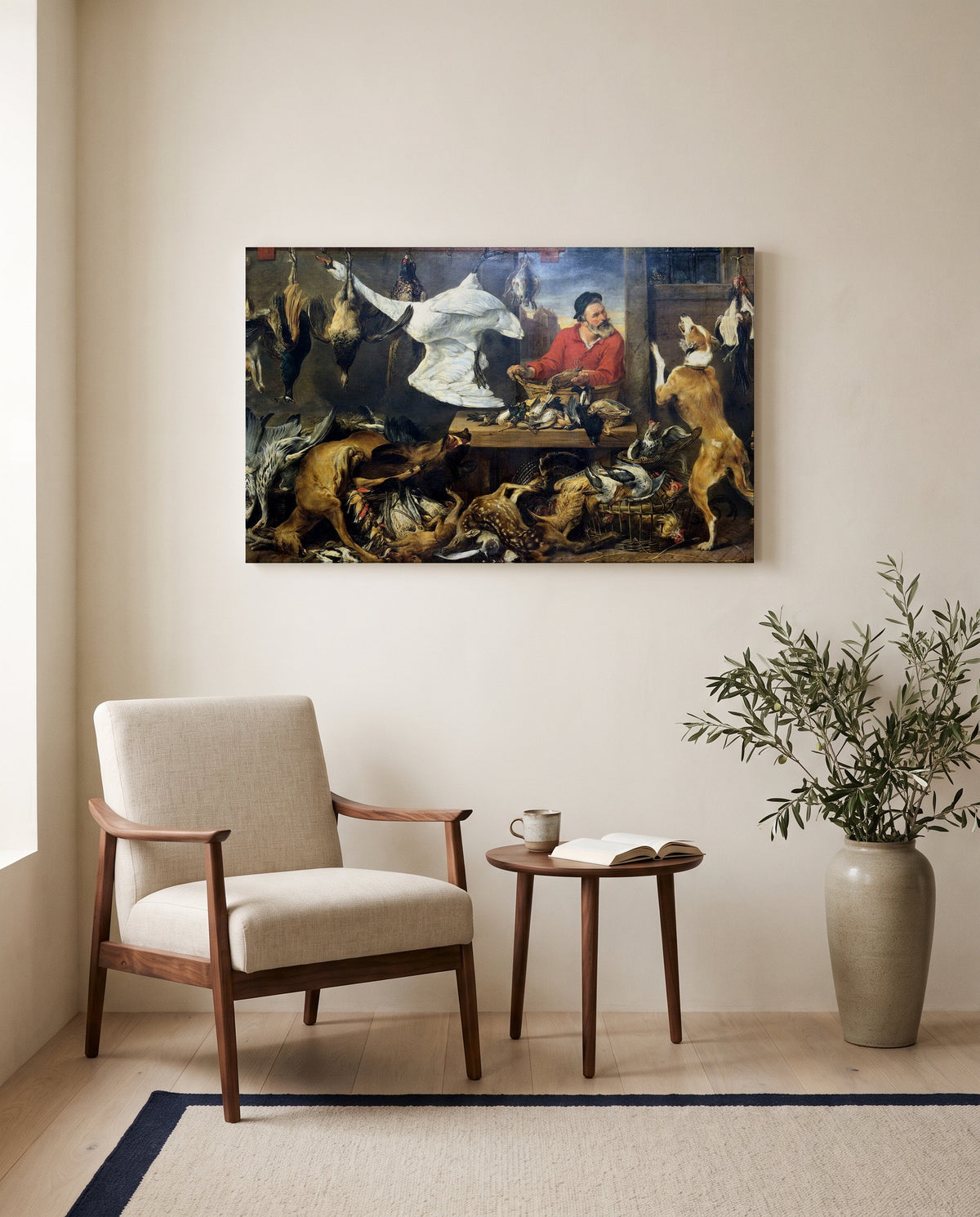 The Game Shop by Frans Snyders as a stretched canvas above a linen lounge chair in a reading corner