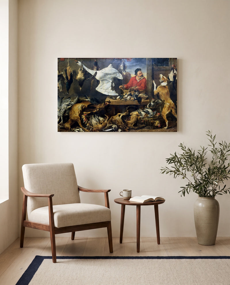 The Game Shop by Frans Snyders as a stretched canvas above a linen lounge chair in a reading corner