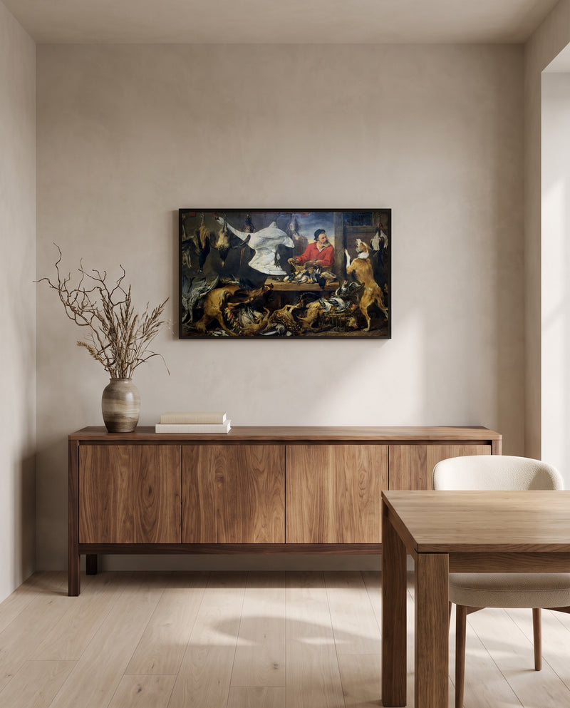 The Game Shop by Frans Snyders in a black frame above a walnut sideboard in a dining room