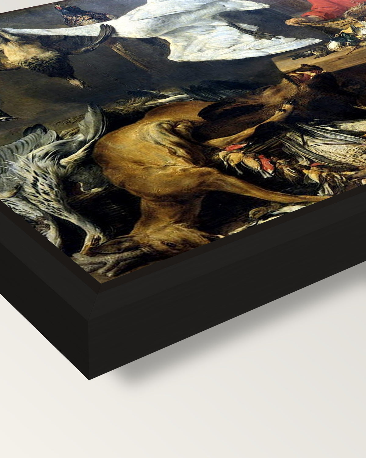 The Game Shop by Frans Snyders framed canvas, corner close-up: a black floating frame with a shadow gap round the canvas