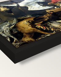 The Game Shop by Frans Snyders framed canvas, corner close-up: a black floating frame with a shadow gap round the canvas
