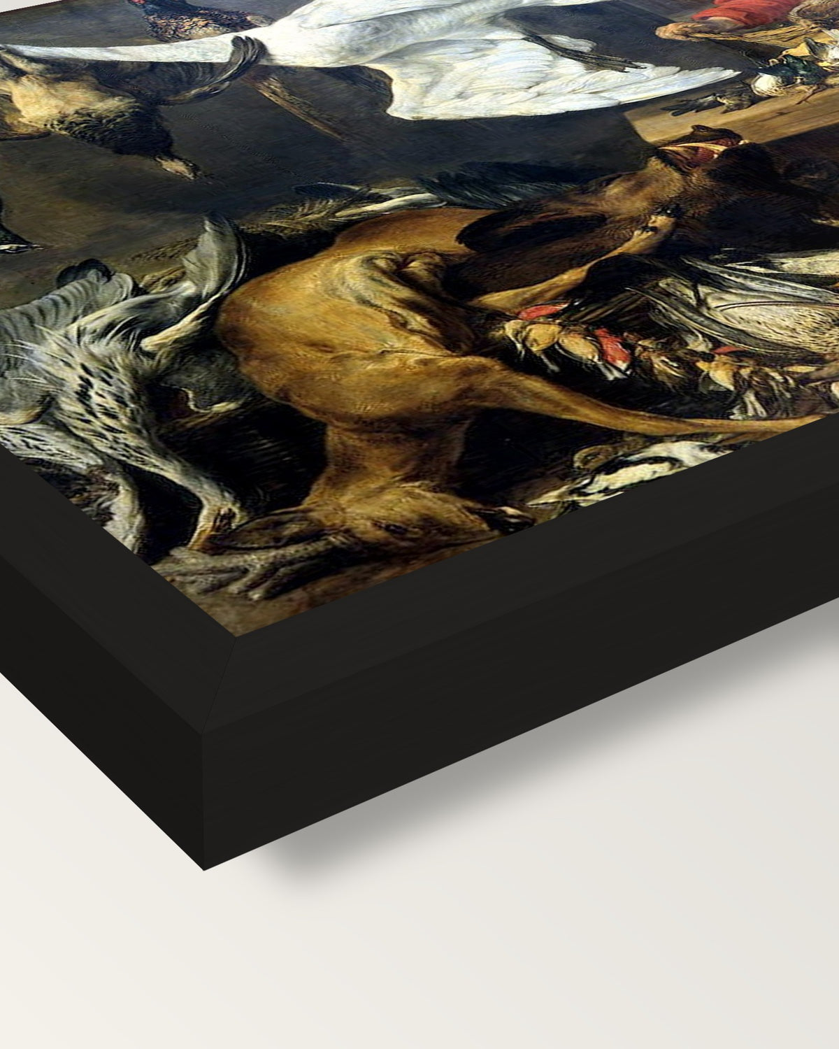 The Game Shop by Frans Snyders framed print, corner close-up: black moulding, mitred, the print set just below its edge