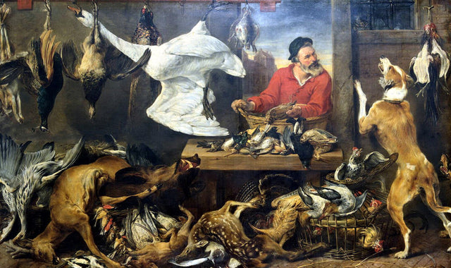 The Game Shop by Frans Snyders: a swan and birds hanging over a stall of deer and hares, a dealer in red and a leaping dog