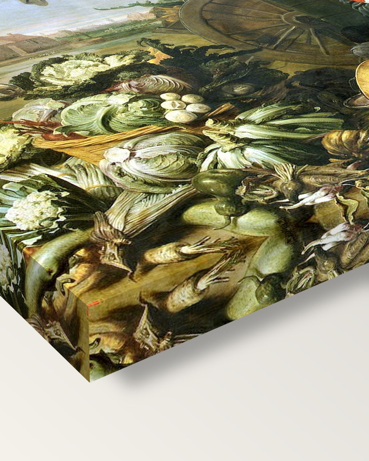 The Vegetable Shop by Frans Snyders on stretched canvas, corner close-up: the painting mirror-wrapped round the sides