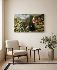 The Vegetable Shop by Frans Snyders as a stretched canvas above a linen lounge chair in a reading corner