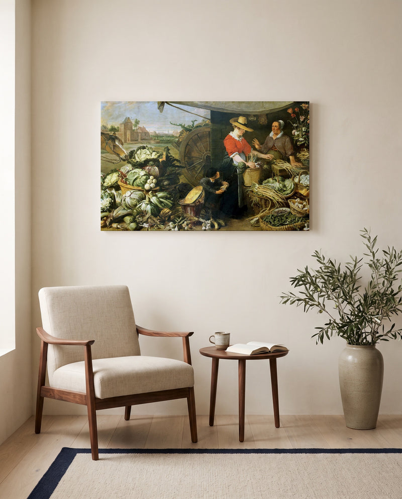 The Vegetable Shop by Frans Snyders as a stretched canvas above a linen lounge chair in a reading corner
