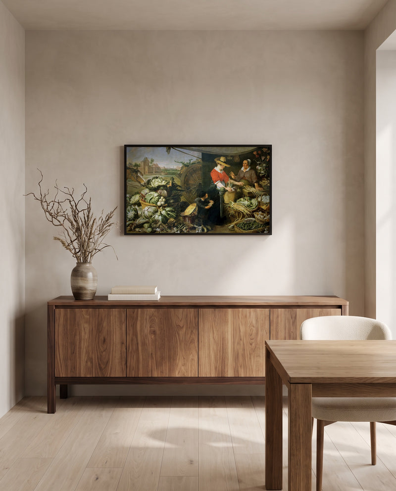 The Vegetable Shop by Frans Snyders in a black frame above a walnut sideboard in a dining room