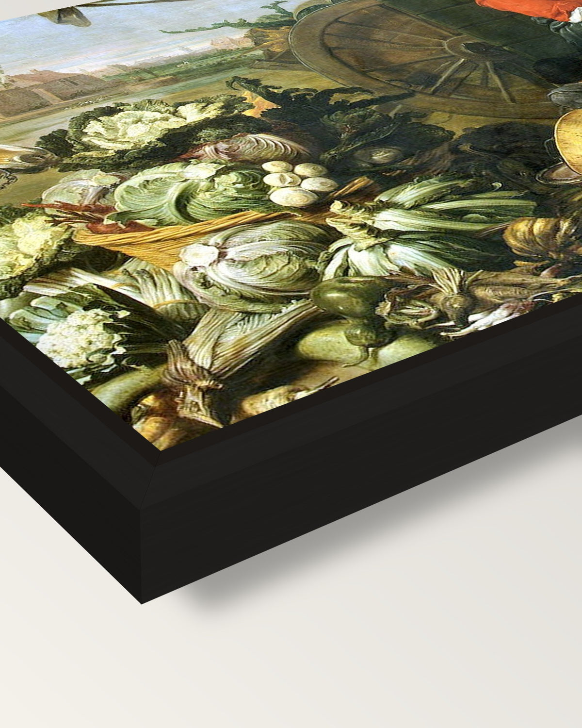 The Vegetable Shop by Frans Snyders framed canvas, corner close-up: a black floating frame with a shadow gap round the canvas