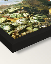 The Vegetable Shop by Frans Snyders framed print, corner close-up: black moulding, mitred, the print set just below its edge