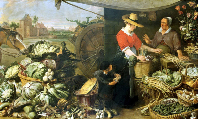 The Vegetable Shop by Frans Snyders: cabbages, asparagus and baskets of peas, a woman in a straw hat buying at a market stall