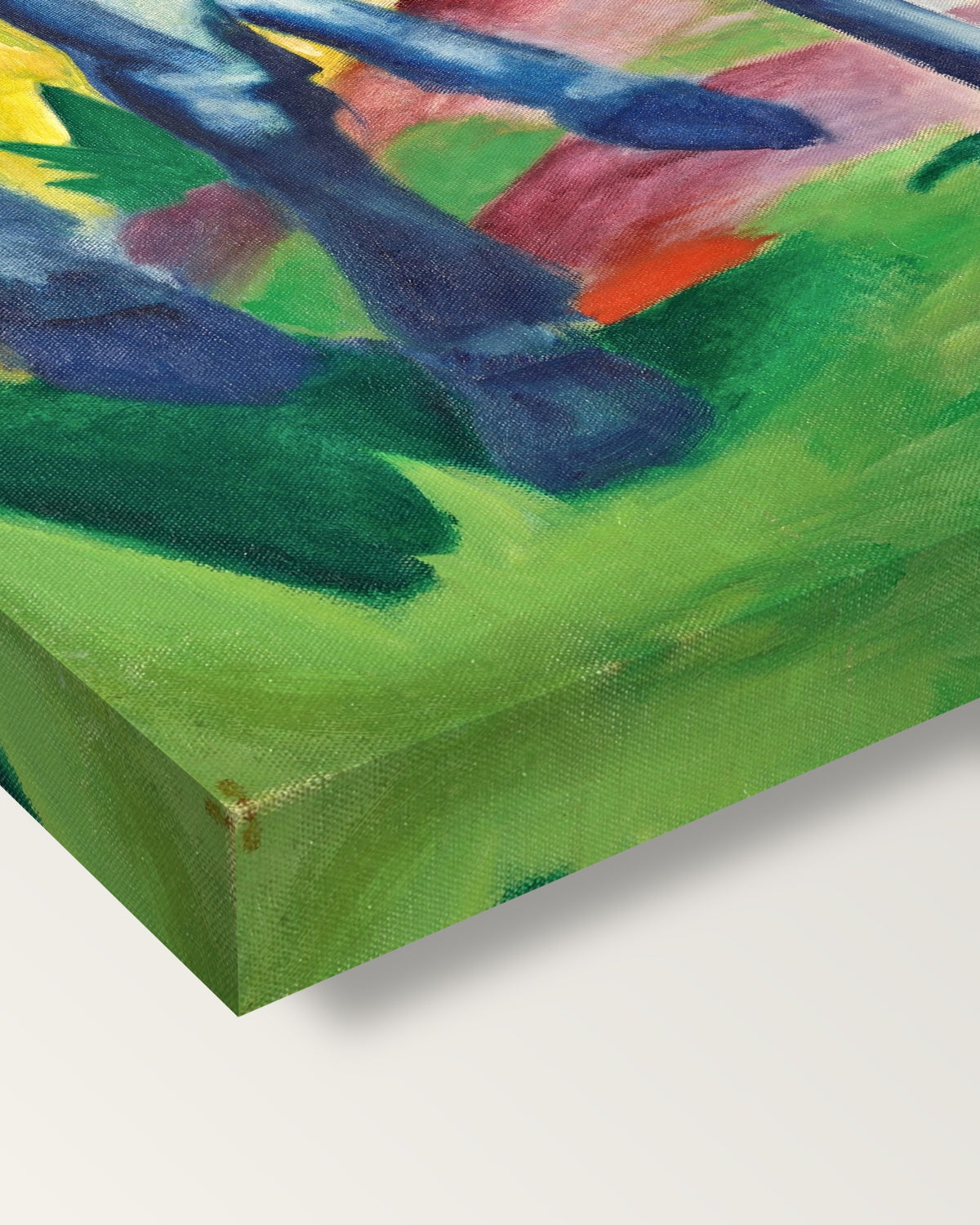 Blue Horse I by Franz Marc on stretched canvas, corner close-up: the painting mirror-wrapped round the sides