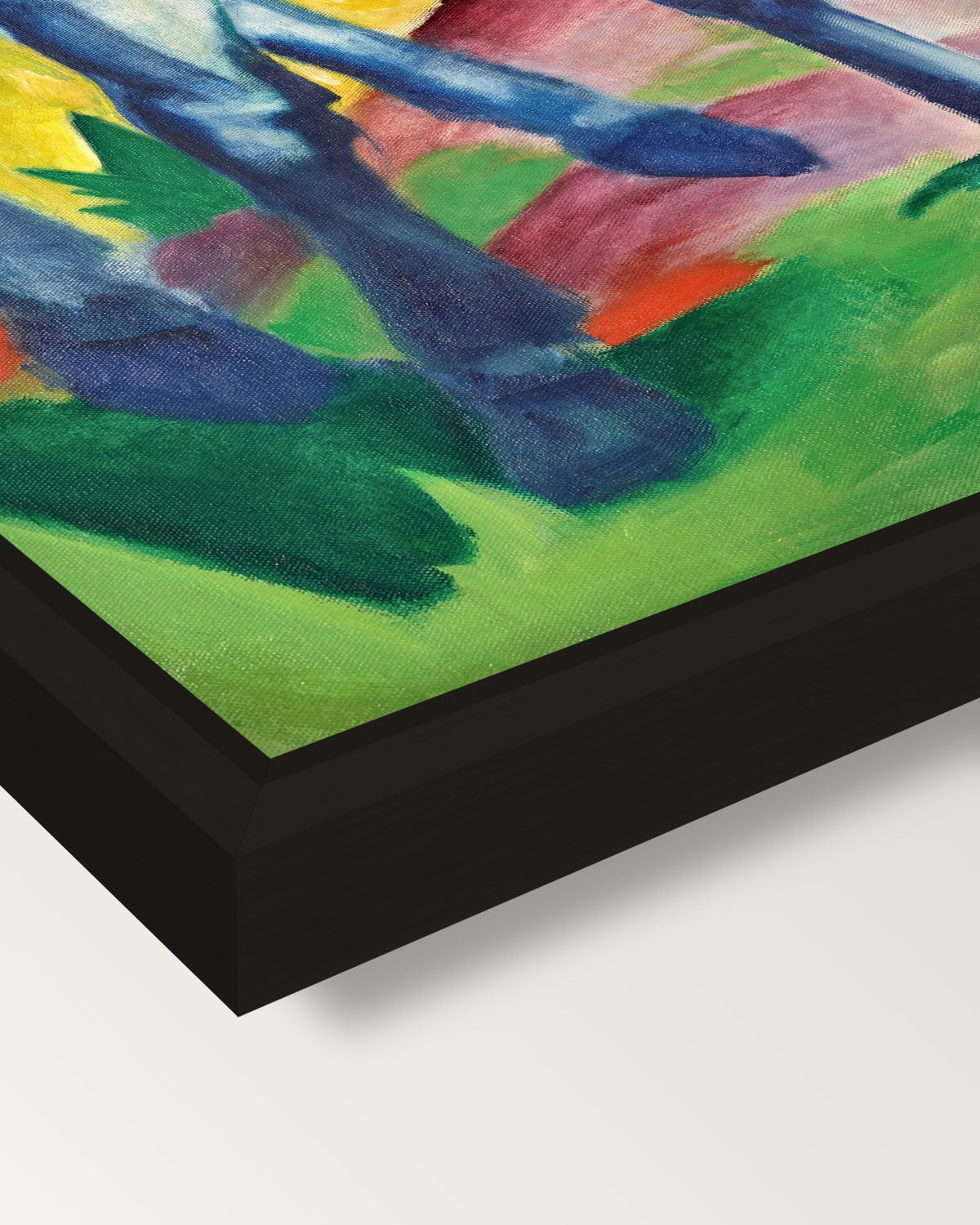 Blue Horse I by Franz Marc framed canvas, corner close-up: a black floating frame with a shadow gap round the canvas