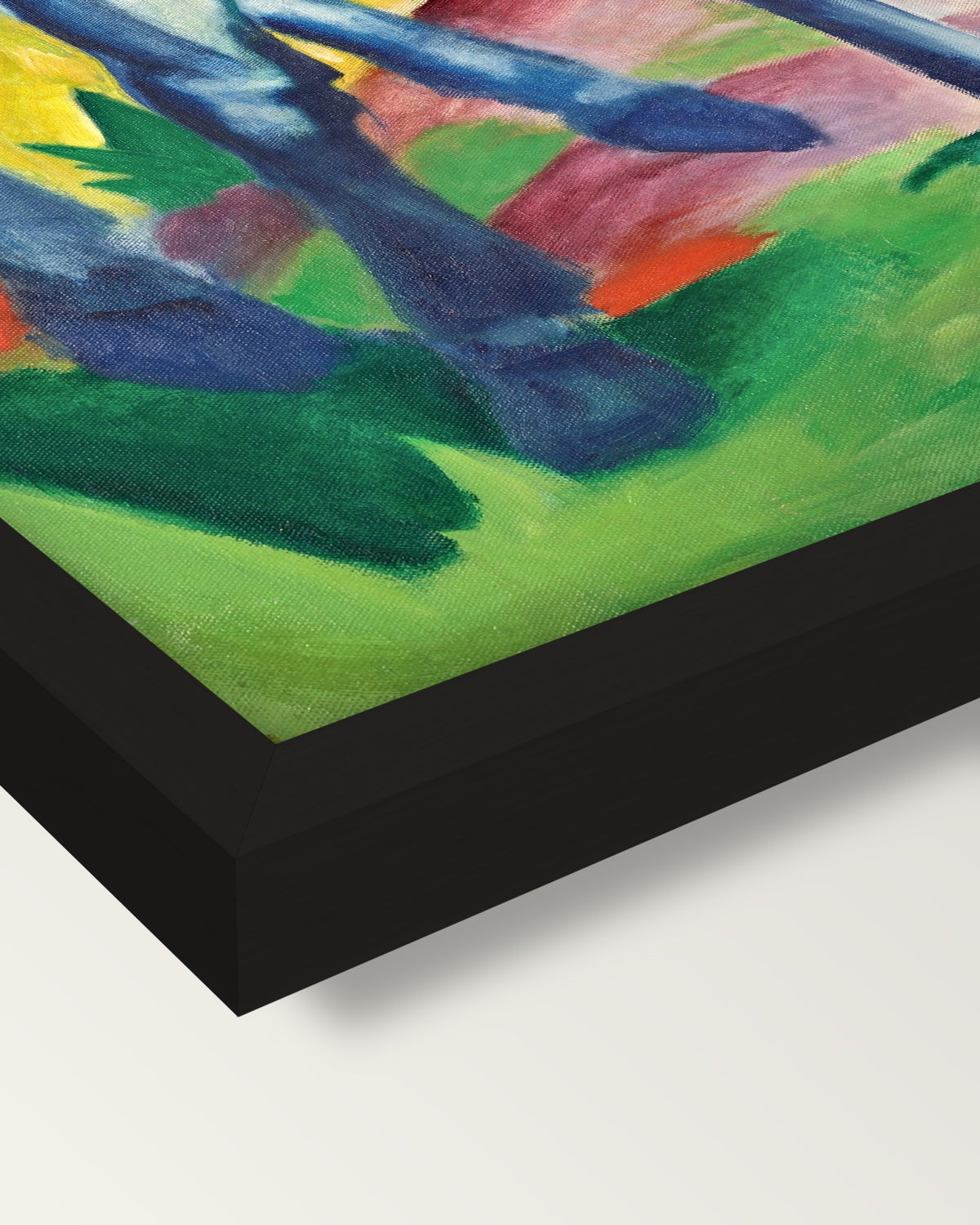 Blue Horse I by Franz Marc framed print, corner close-up: black moulding, mitred, the print set just below its edge