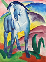 Blue Horse I by Franz Marc: a young blue horse with bowed head in front of red, yellow and green hills