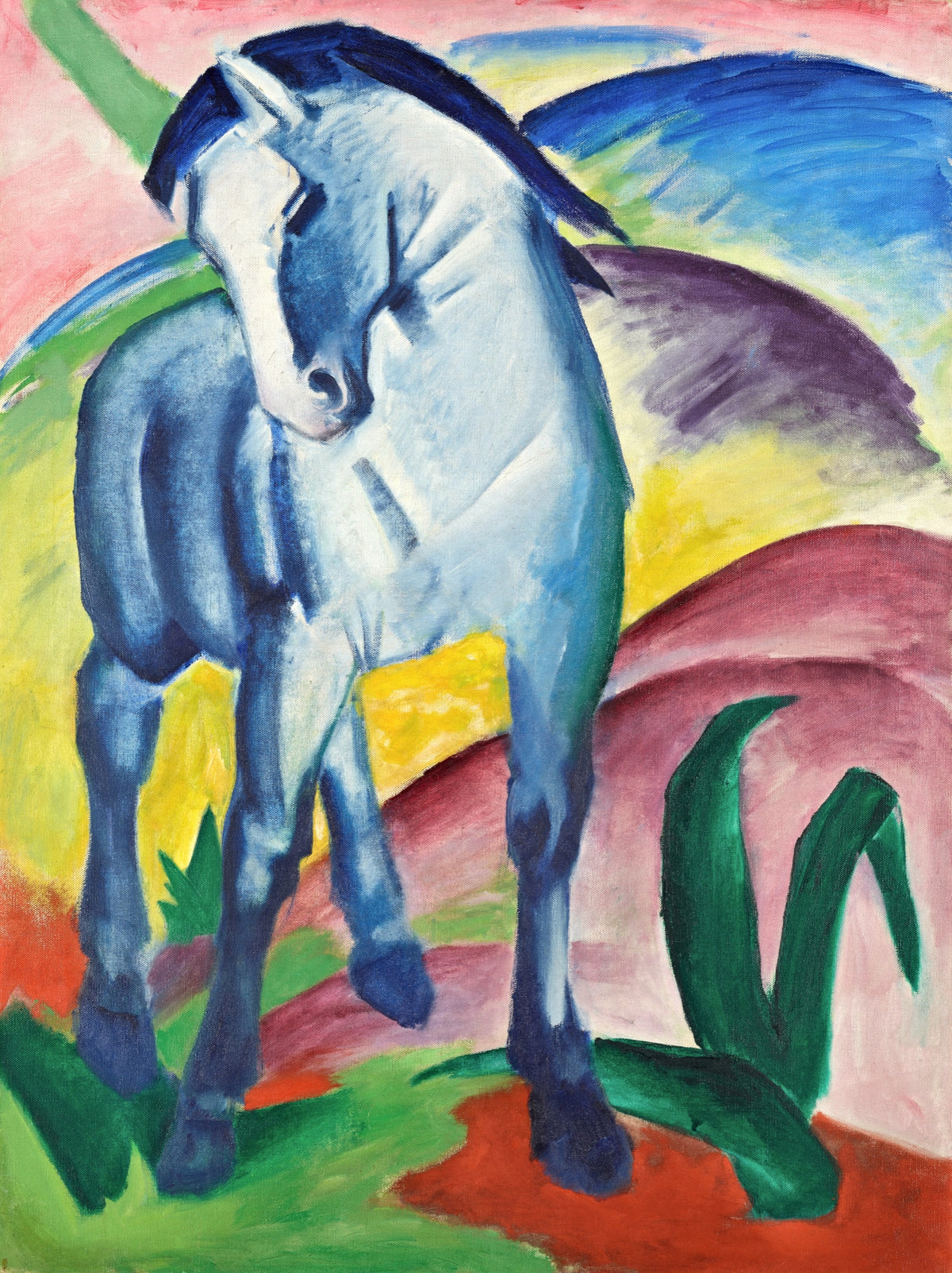 Blue Horse I by Franz Marc: a young blue horse with bowed head in front of red, yellow and green hills