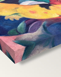 Cows, Red, Green, Yellow by Franz Marc on stretched canvas, corner close-up: the painting mirror-wrapped round the sides