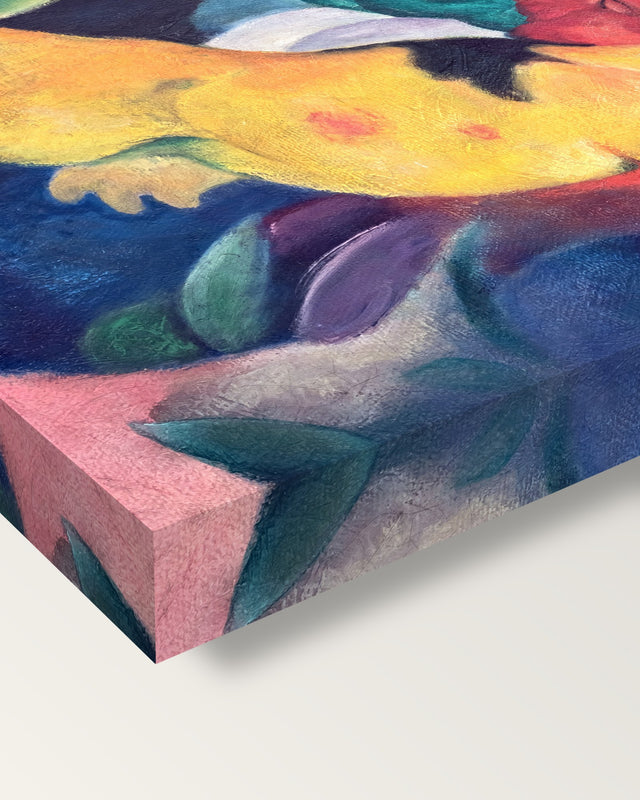 Cows, Red, Green, Yellow by Franz Marc on stretched canvas, corner close-up: the painting mirror-wrapped round the sides