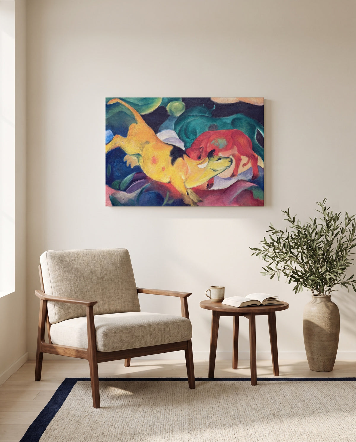 Cows, Red, Green, Yellow by Franz Marc as a stretched canvas above a linen lounge chair in a reading corner