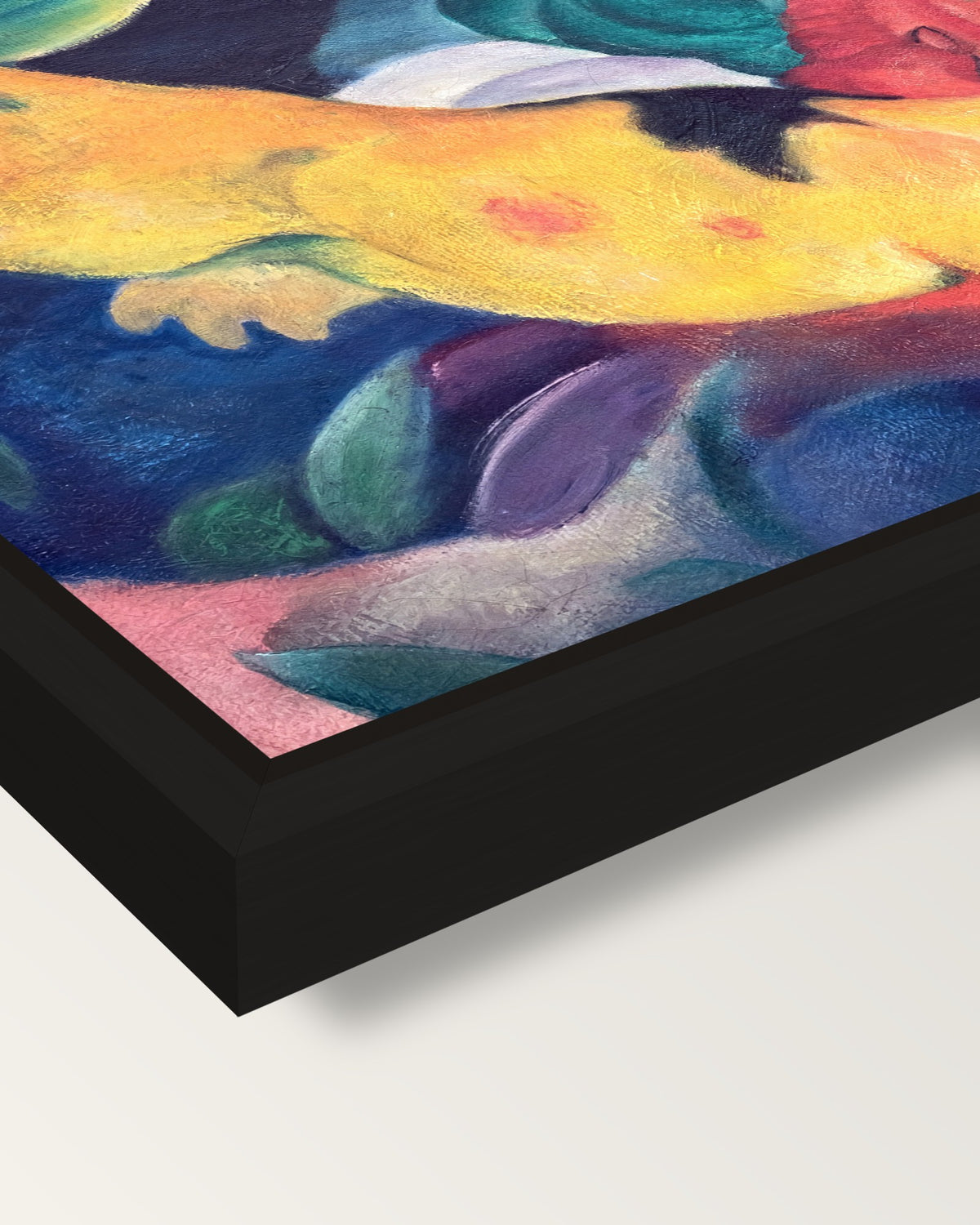 Cows, Red, Green, Yellow by Marc framed canvas, corner close-up: a black floating frame with a shadow gap round the canvas