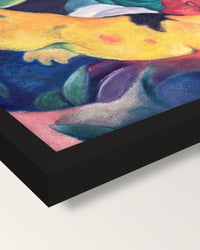 Cows, Red, Green, Yellow by Marc framed print, corner close-up: black moulding, mitred, the print set just below its edge