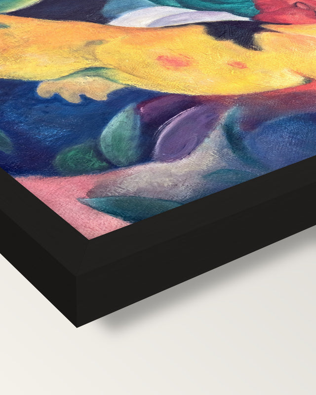 Cows, Red, Green, Yellow by Marc framed print, corner close-up: black moulding, mitred, the print set just below its edge