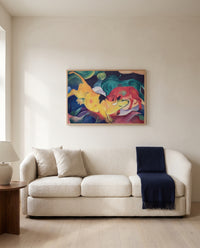 Cows, Red, Green, Yellow by Franz Marc framed in natural oak above a cream sofa in a warm living room