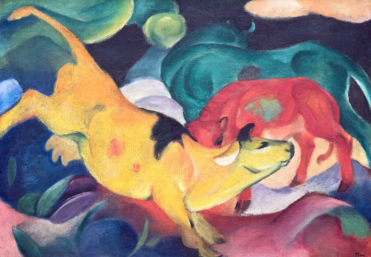 Cows, Red, Green, Yellow by Franz Marc: a yellow cow and a red cow leaping across green and blue hills