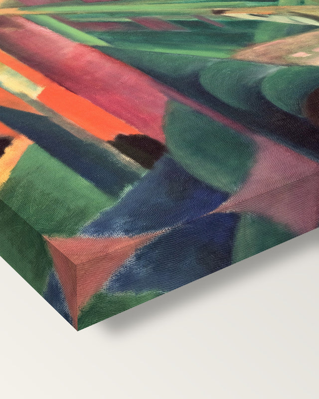 Deer in a Monastery Garden by Franz Marc on stretched canvas, corner close-up: the painting mirror-wrapped round the sides