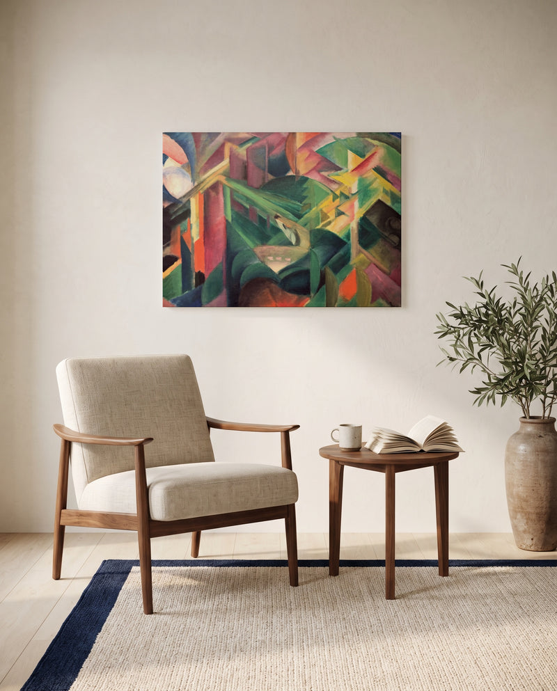 Deer in a Monastery Garden by Franz Marc as a stretched canvas above a linen lounge chair in a reading corner