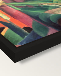 Deer in a Monastery Garden by Marc framed canvas, corner close-up: a black floating frame with a shadow gap round the canvas