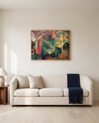 Deer in a Monastery Garden by Franz Marc framed in natural oak above a cream sofa in a warm living room