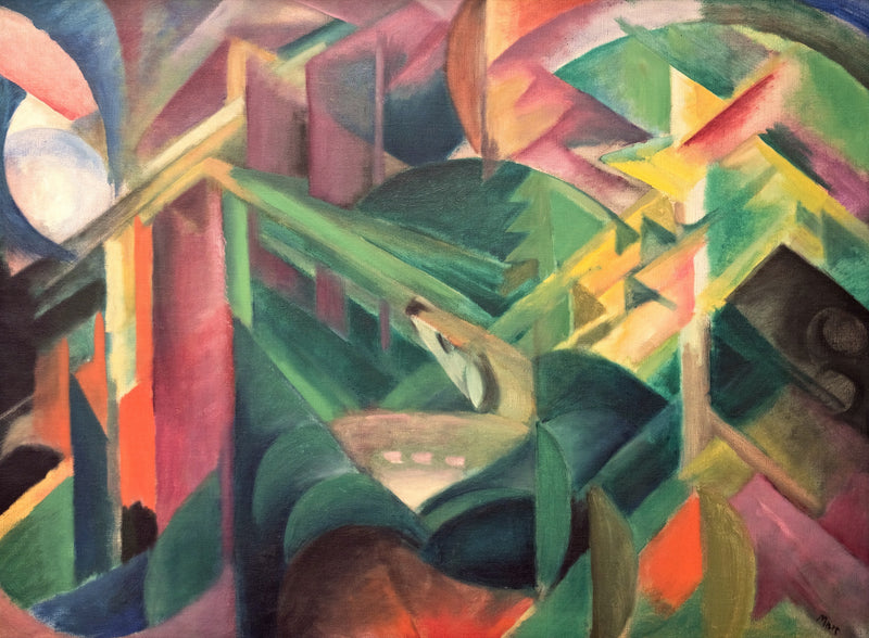 Deer in a Monastery Garden by Franz Marc: a small deer among crystal planes of green, red and gold and tall trees