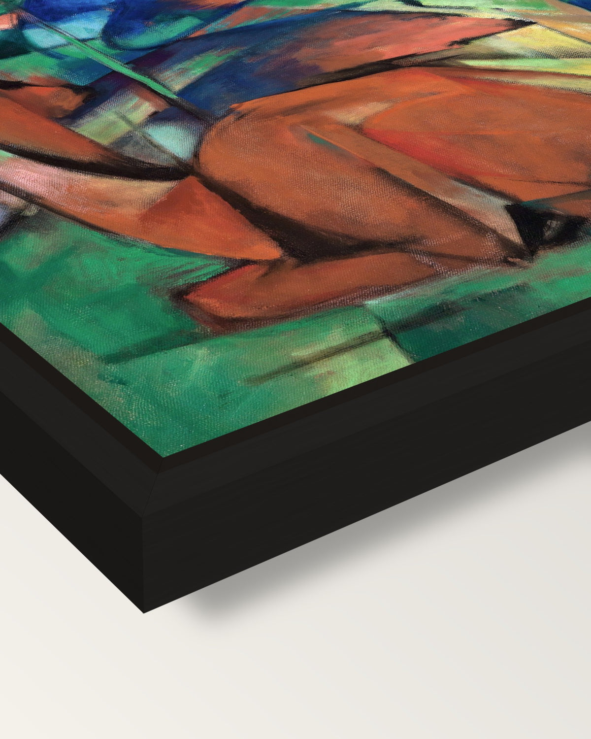 Deer in the Forest II by Franz Marc framed canvas, corner close-up: a black floating frame with a shadow gap round the canvas