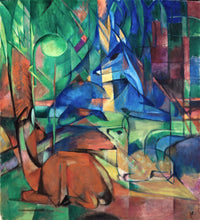 Deer in the Forest II by Franz Marc: a red doe, yellow fawn and blue buck among crystal-like green and blue planes