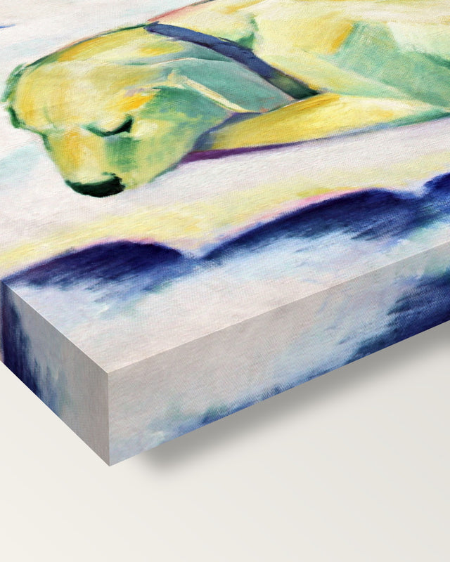 Dog Lying in the Snow by Franz Marc on stretched canvas, corner close-up: the painting mirror-wrapped round the sides