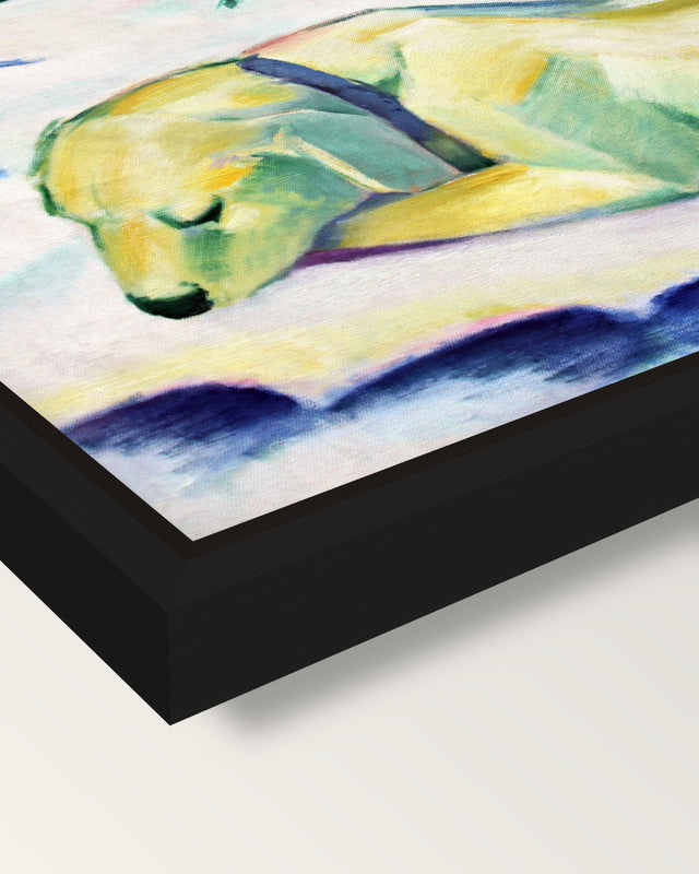 Dog Lying in the Snow by Franz Marc framed canvas, corner close-up: a black floating frame with a shadow gap round the canvas