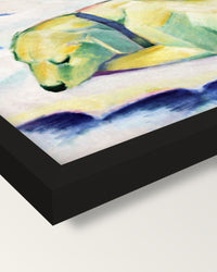 Dog Lying in the Snow by Franz Marc framed print, corner close-up: black moulding, mitred, the print set just below its edge