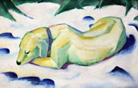 Dog Lying in the Snow by Franz Marc: a pale yellow dog curled asleep on white snow with blue shadows