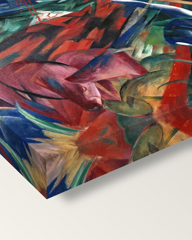 Fate of the Animals by Franz Marc on stretched canvas, corner close-up: the painting mirror-wrapped round the sides