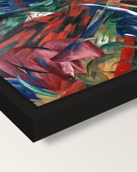 Fate of the Animals by Franz Marc framed canvas, corner close-up: a black floating frame with a shadow gap round the canvas