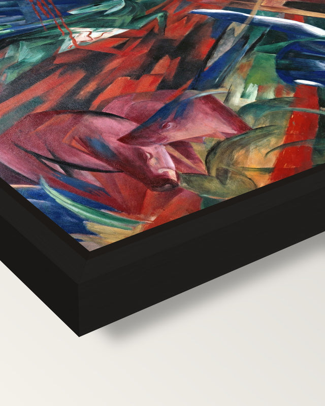 Fate of the Animals by Franz Marc framed canvas, corner close-up: a black floating frame with a shadow gap round the canvas